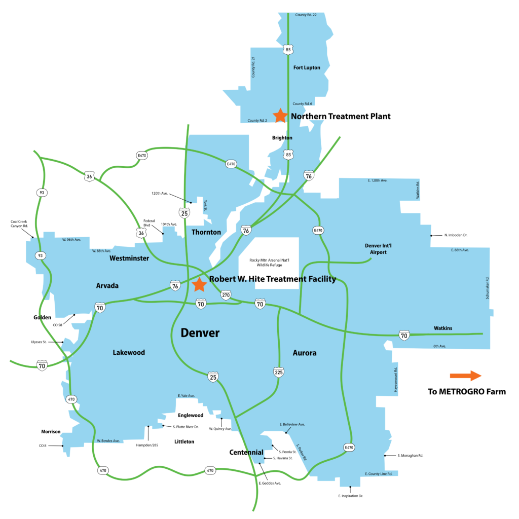 A graphical map that displays Metro's 805-mile service area. The area covers most of metro Denver.